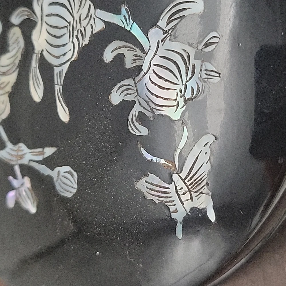 Vtg Black Lacquer Box Lid Mother of Pearl Inlaid Bird Butterfly Trinket Jewelry